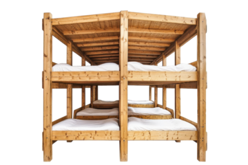 Rustic wooden bunk beds create a cozy sleeping arrangement for campers or travelers indoors isolated on transparent background