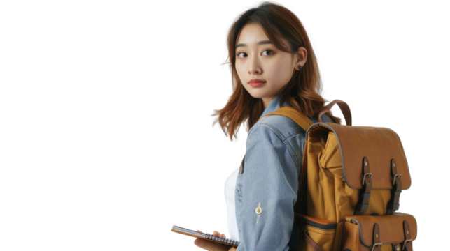 Young student walking with backpack and notebook on transparent background
