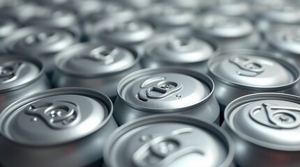 Metallic aluminum beverage cans arranged in rows