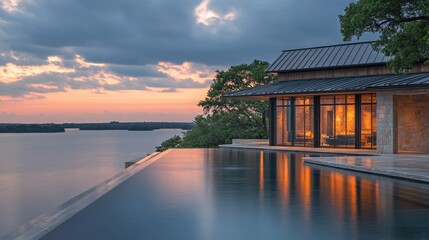 Fototapeta premium Sunset lakefront home with infinity pool