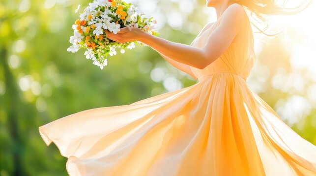 Joyful Woman With Flowers Twirling In Bright Sunlight