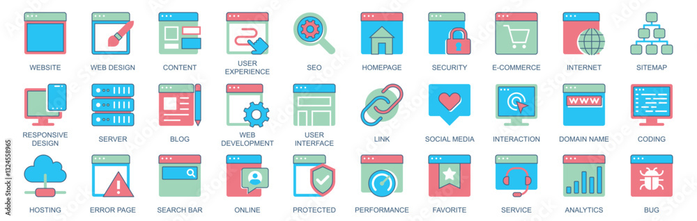 Aufkleber website icon set in flat color icons web design. pack pictograms with user experience, seo, homepage