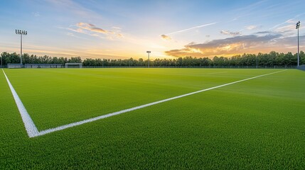 Obraz premium Lush green sports field illuminated by the warm glow of the setting sun creating a serene and inviting atmosphere for athletic activities and events