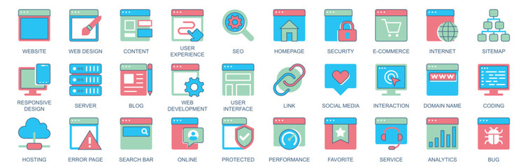 Website icon set in flat color icons web design. Pack pictograms with user experience, seo, homepage, security, e-commerce, internet, map, server, blog, interface, link, other. Vector illustration.