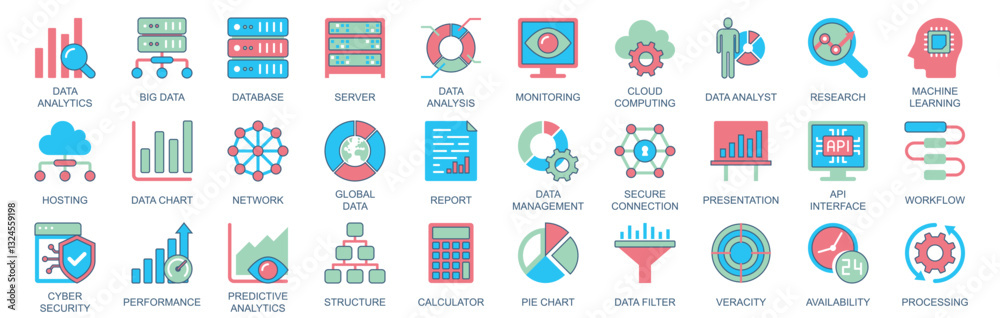 Poster Data analytics icon set in flat color icons web design. Pack pictograms with database, server, analysis, monitoring, cloud computing, research, analyst, machine learning, other. Vector illustration.