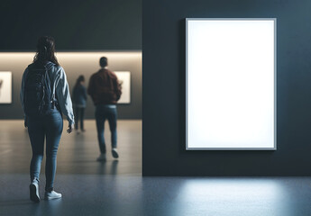 Fototapeta premium Large empty poster frame mockup in modern exhibition space with visitors observing artwork