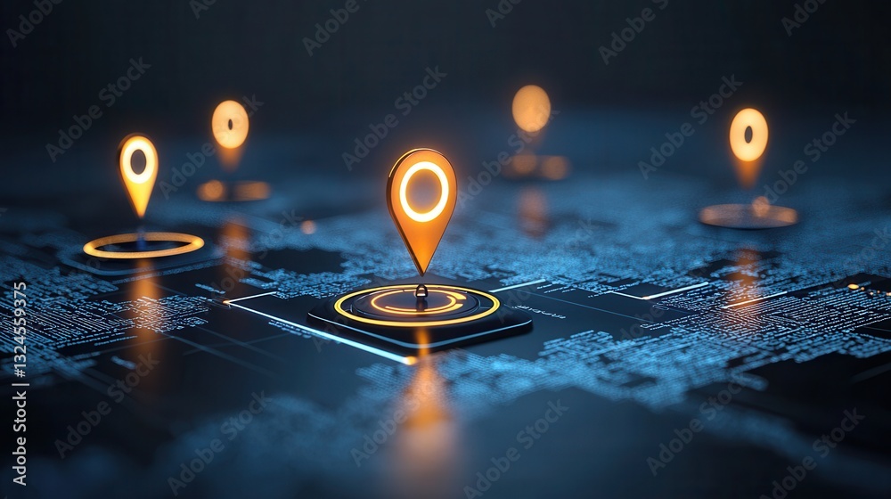 Poster this image depicts a gps navigation concept featuring a map with glowing pinpoint markers representi