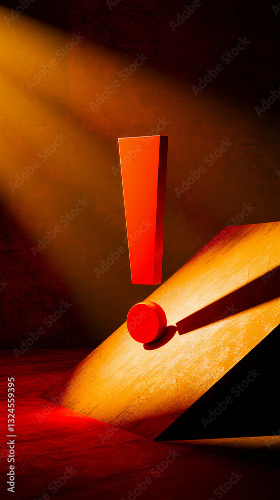 Poster red exclamation mark on a gold platform, illuminated by a spotlight, creating a dramatic and attenti
