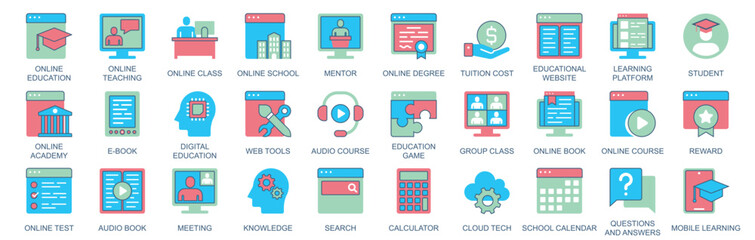 Online education icon set in flat color icons web design. Pack pictograms with teaching, class, school, mentor, tuition, cost, learning, platform, student, academy, e-book, other. Vector illustration.