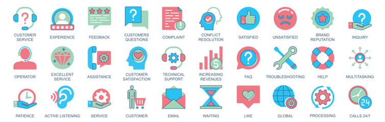 Customer icon set in flat color icons web design. Pack pictograms with experience, feedback, question, complaint, conflict resolution, satisfied, unsatisfied, assistance, other. Vector illustration.