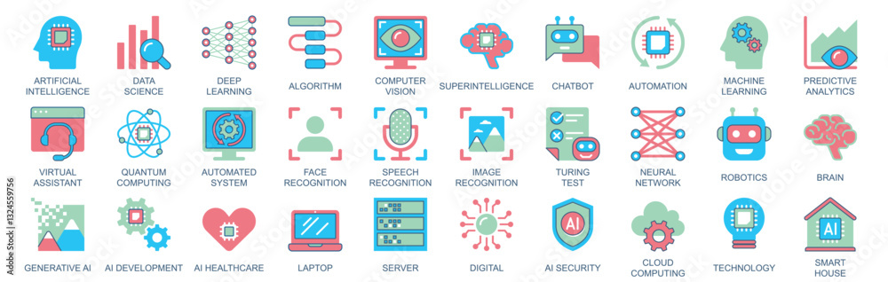 Aufkleber Artificial intelligence icon set in flat color icons web design. Pack pictograms with data science, deep learning, algorithm, computer vision, chatbot, automation, network, other. Vector illustration.