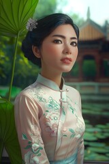 Fototapeta premium Traditional Asian Woman Portrait in Embroidered Floral Qipao Dress with Natural Garden Background Featuring Large Green Leaves and Traditional Eastern Architecture