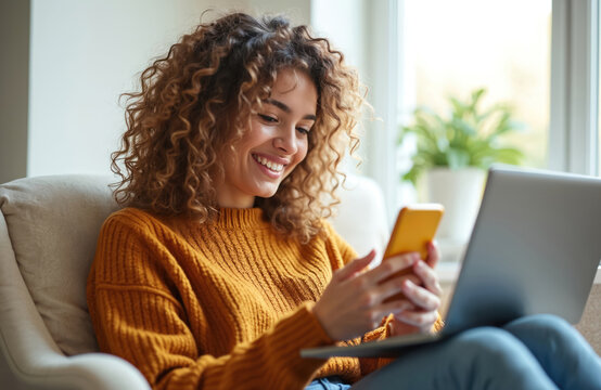 Smiling young adult pretty woman sits on chair using smartphone. Mobile cellphone tech for remote work or distance learning at home office. Happy female texts messages, checks email. - Powered by Adobe