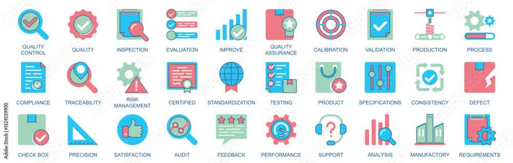 Aufkleber quality control icon set in flat color icons web design. pack pictograms with inspection, evaluation