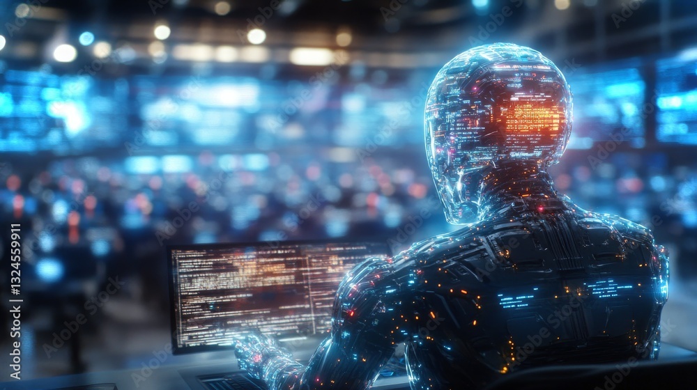 Poster ai animation features a futuristic control room with a robot interacting with data