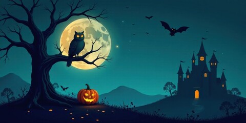 Enchanted Halloween Night Scene with Owl, Jack-o'-lantern, and Castle Silhouette under a Full Moon