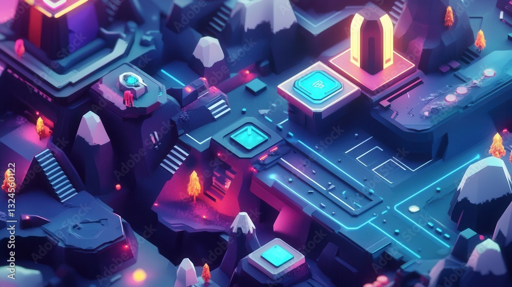 Poster colorful isometric terrain with stylized 3d ui elements and dynamic lighting effects in a gaming-ins