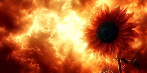 Fiery Sunset Sunflower Dramatic Sky Nature Image