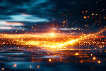 Golden light particles scattering through dark sky, creating a magical aura and dreamlike glow of ethereal beauty and mystical atmosphere