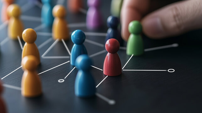 Vibrant corporate hierarchy with colorful human figures linked by lines, showcasing roles and workflow.