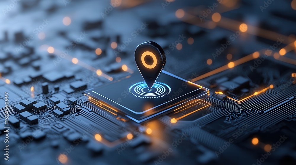 Poster a high tech digital interface with a glowing navigation pin hovering over a softly lit futuristic ci