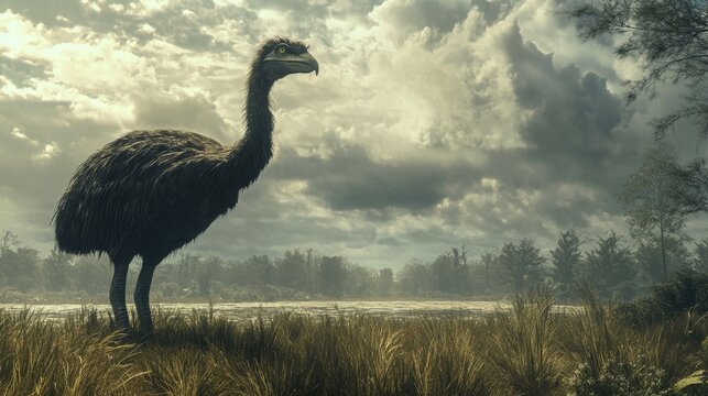 A giant moa bird standing tall in a grassy, prehistoric landscape. 