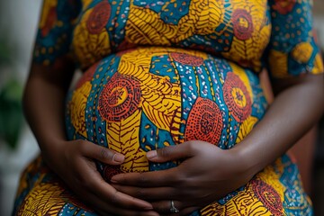 a close-up of a pregnant woman, with her hands gently cradling her baby bump, dressed in colorful ethnic clothing