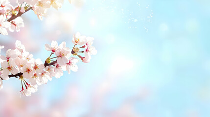 Close Up Of Delicate Cherry Blossom Branch With White And Pink Flowers Against A Soft Blurred Blue Sky