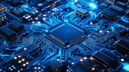 Fototapeta premium Circuit connected lines on technology blue background. Circuit board. Ai Tech bg. Semiconductor or CPU processor in the center. Computing electronics concept. Abstract digital vector illustration.