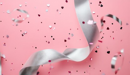 Confetti, ribbon on pink, use social media post, holiday celebration, with heart shapes in the background