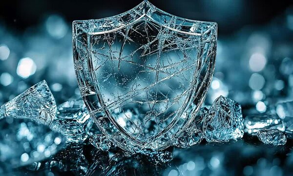 Shattered Security Shield Compromised Data, Fragile Protection, Digital Risk