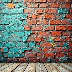 Fototapeta premium Rough brick wall, peeling paint, distressed wood, design, shadow