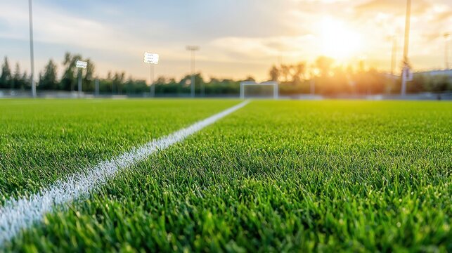 Scenic view of a well maintained sports field with lush green grass and distinct white boundary lines creating an inviting space for various athletic activities and competitions