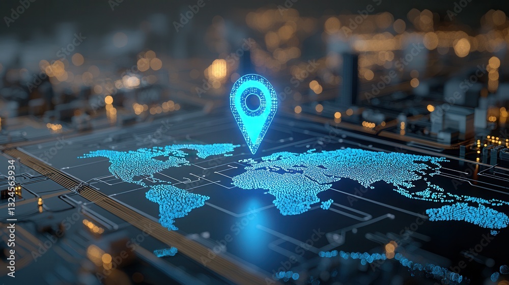 Poster a view of a glowing neon blue pin or marker floating over a detailed illuminated world map represent