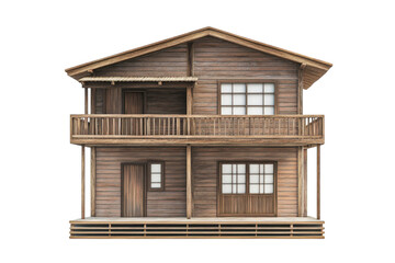 A rustic wooden house with a porch nestled in a serene countryside setting during bright daylight isolated on transparent background