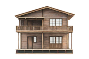 A rustic wooden house with a porch nestled in a serene countryside setting during bright daylight isolated on transparent background