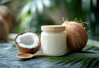 Fresh Coconut Oil with Coconut Halves and Wooden Spoon Surrounded by Tropical Leaves on Dark Background