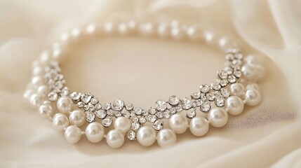Obraz premium Elegant pearl necklace on soft fabric backdrop.
