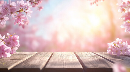 Spring background with a wooden table top and blurred cherry blossoms in the garden.