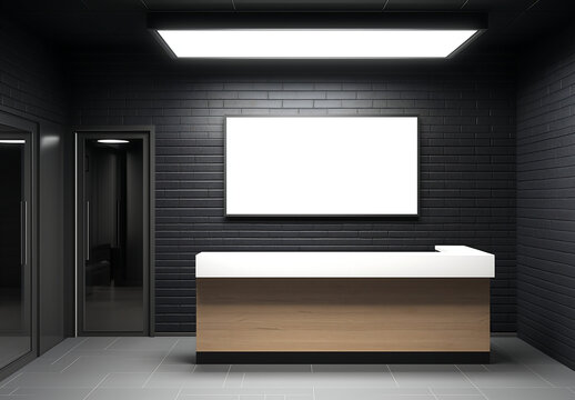 Empty poster frame mockup in a dark modern reception area with black walls and stylish lighting, professional corporate branding template