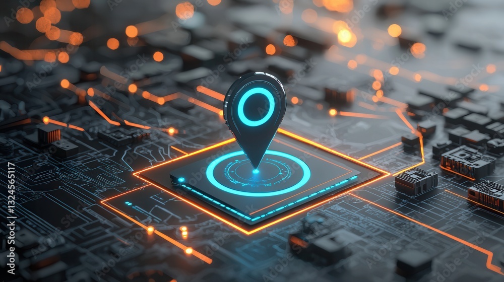 Poster this digital artwork showcases a futuristic visualization of a location pinpoint with radiating line