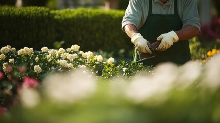 Gardener working in garden in Spring.