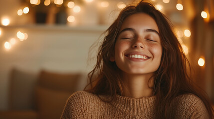 Close-up of joyful girl in therapy workshop, cozy modern room.
