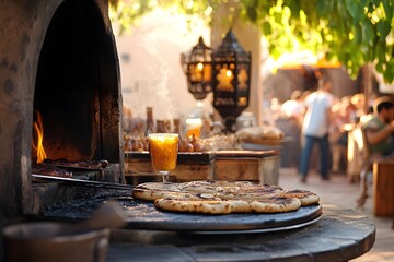 Fototapeta premium A Culinary Oasis: Mouthwatering artisan pizza rests on a stone surface alongside a glass of refreshing beverage, inviting diners. The warm glow of the pizza oven.