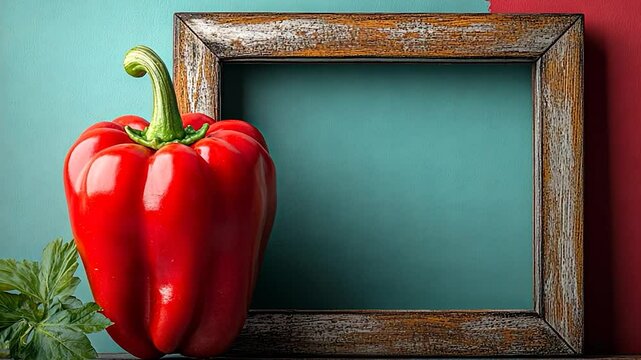 Vibrant red bell pepper beside a rustic wooden frame on colored background