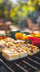 Grilled Delights: A close-up shot of a barbecue grill with golden-brown grilled halloumi cheese, bell peppers, and other vegetables cooking, exuding a tantalizing aroma.