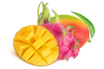 Mango with leaf and pitahaya on isolated white background. Whole pitahaya, whole mango and half, cut into cubes. 3 fruits.