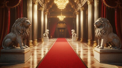 Grand palace hallway, red carpet, lion statues, opulent background; event backdrop
