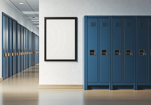 Empty poster frame mockup on a school hallway wall with blue lockers, modern educational institution interior branding template