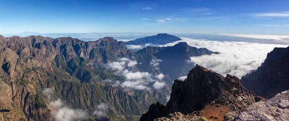 Low Clouds over Caldera de Taburiente National Park Volcano Crater Rim Aerial View. Roque De Los Muchachos Panoramic Landscape La Palma Canary Islands